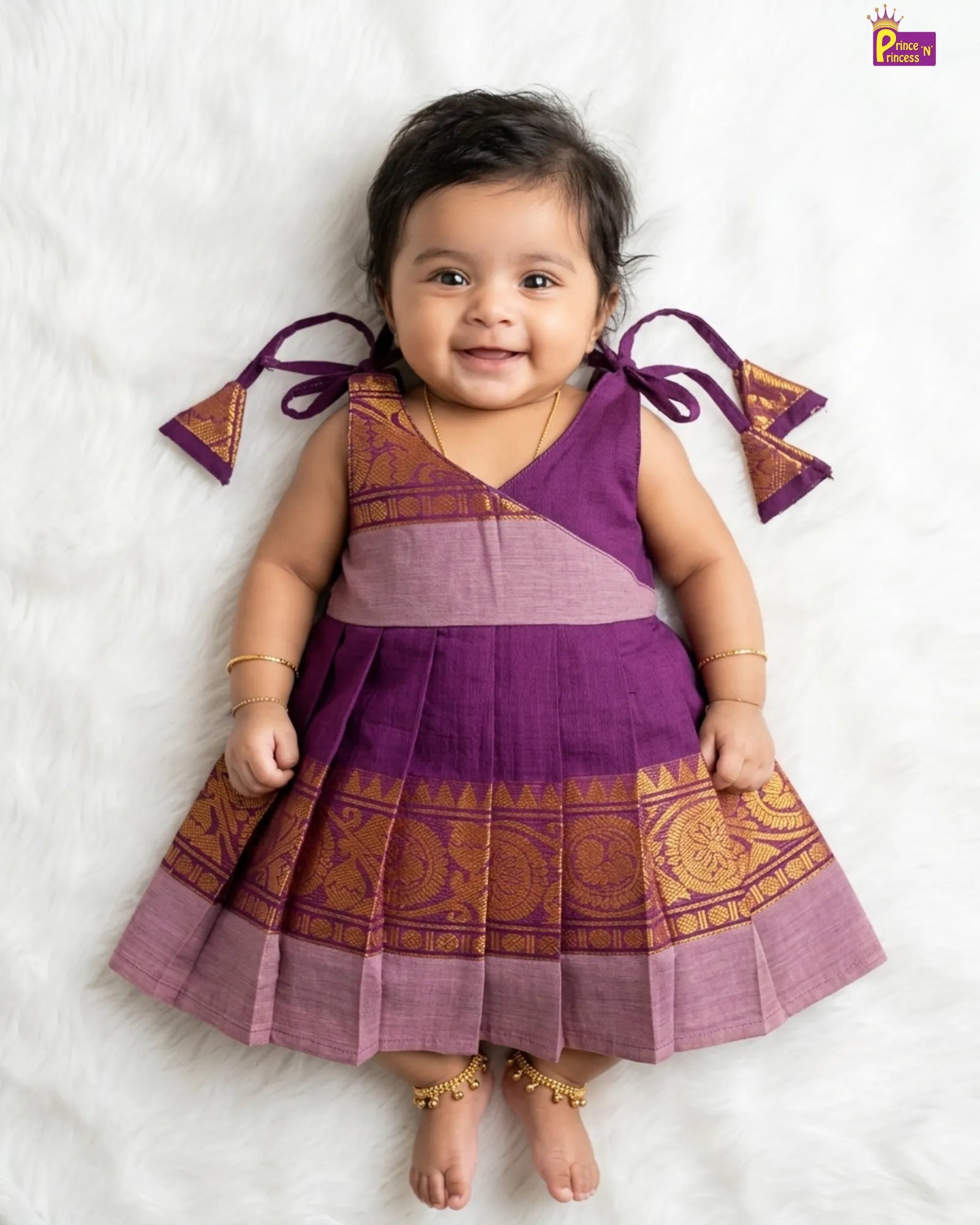 Newborn Baby Girl Purple Chettinad Pattu Frock – Mauve Gold Peacock Border Naming Dress LF1963