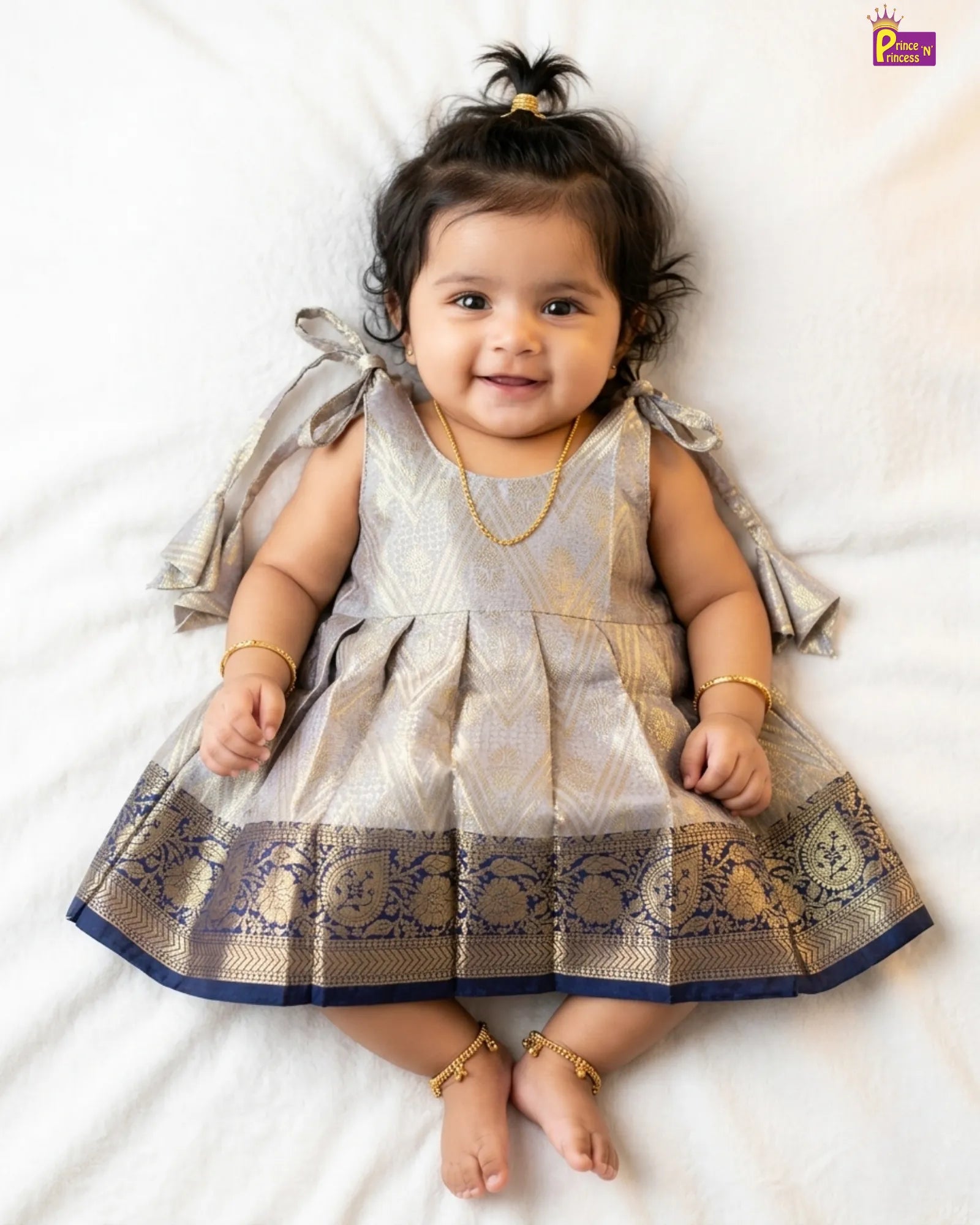 Newborn Baby Girl Silver Grey Banarasi Silk Frock – Navy Blue Zari Border Naming Ceremony Dress (0–3 Yrs) LF1657