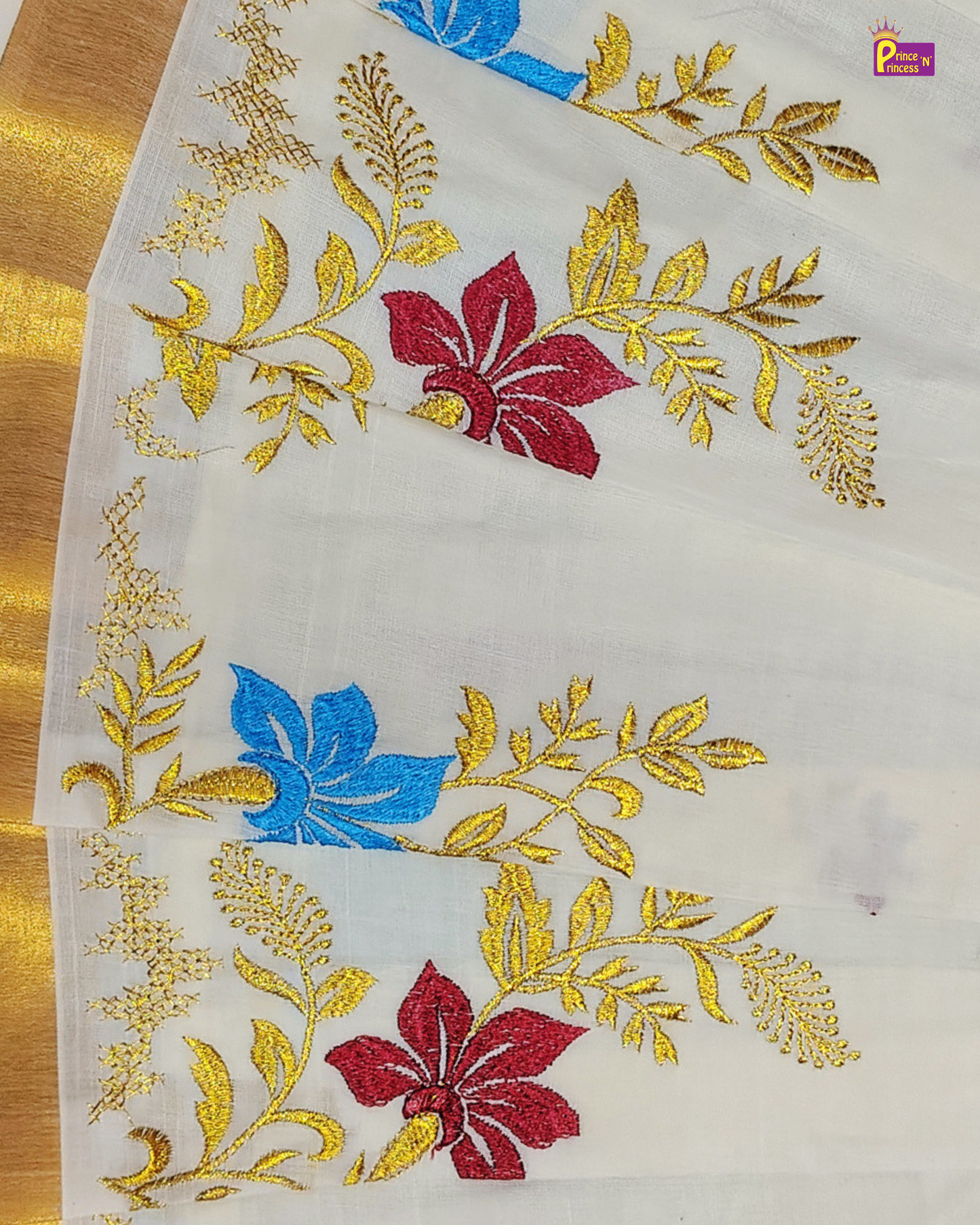Girls Kerala Kasavu with Golden Traditional Long Gown - Colorful Flower Embordiary PG702
