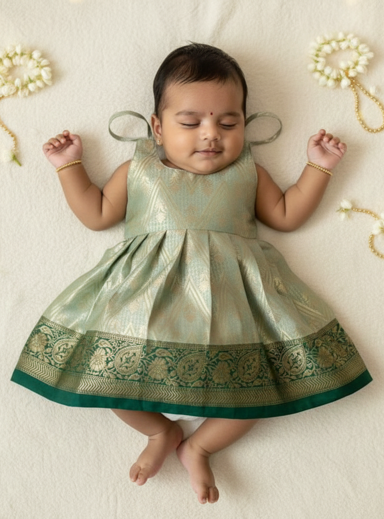 New Born Green Banarasi Silk Knot Type Frock LF1663 1Y New Born Green Banarasi Silk Knot Type Frock LF1663 1Y