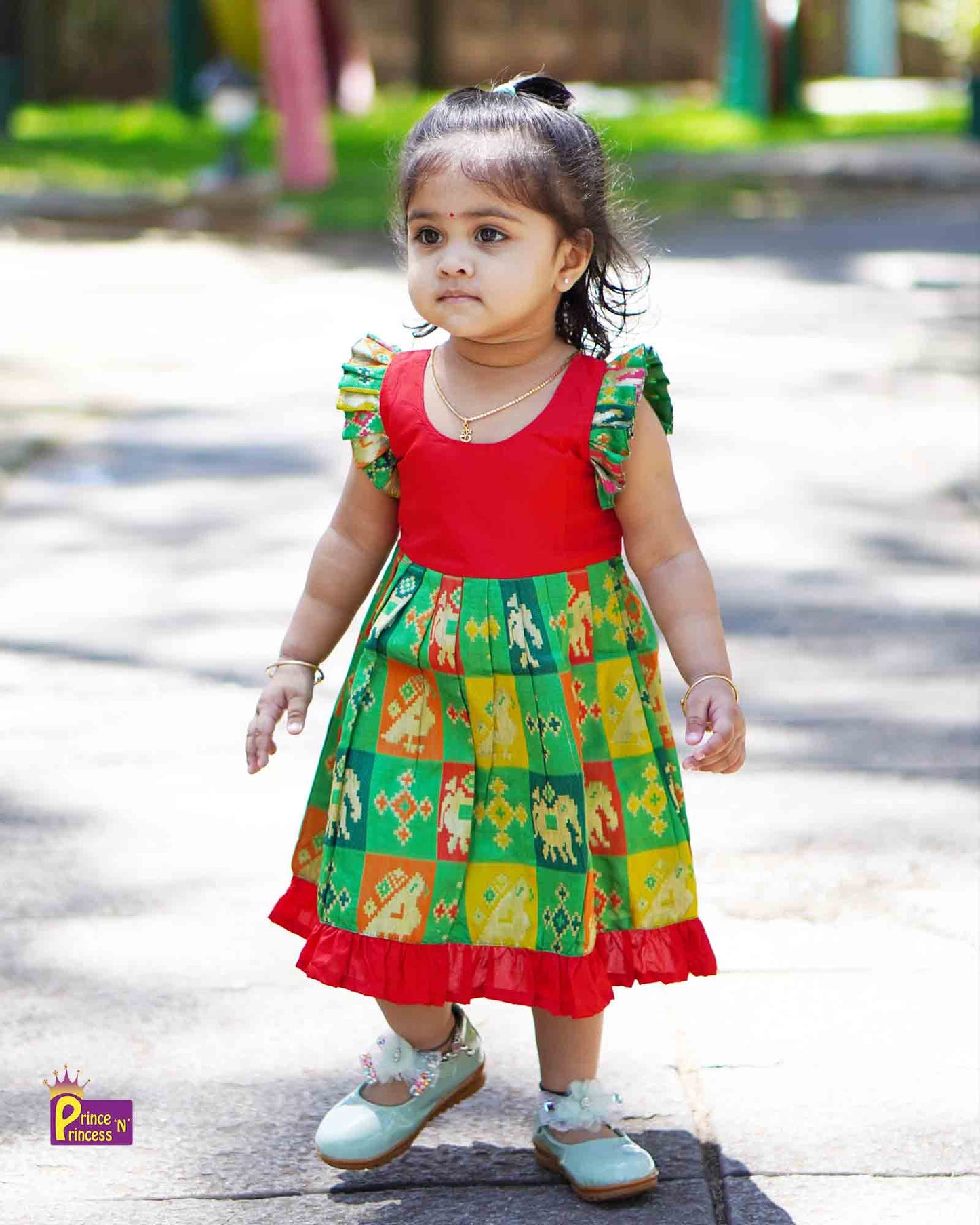 New Born Red and Green Pattu frock LF401