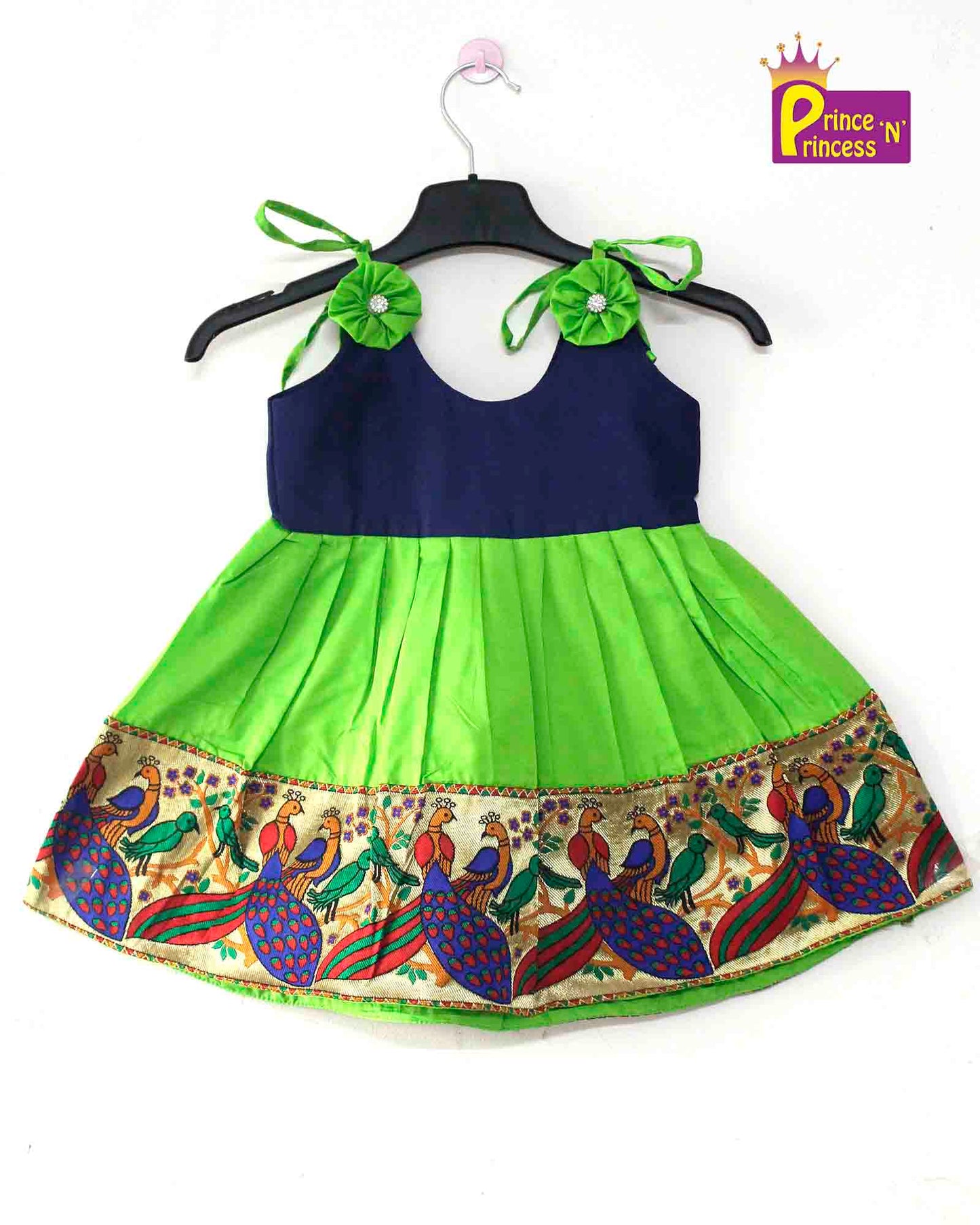 Toddlers Navy Blue Green Raw Silk Pattu Frock LF449