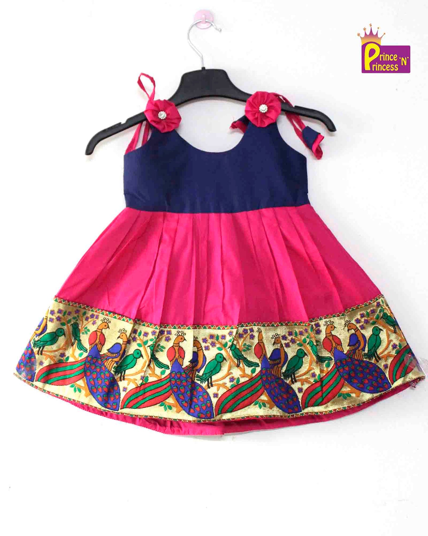 Toddlers Navy Blue Pink Raw Silk Pattu Frock LF450