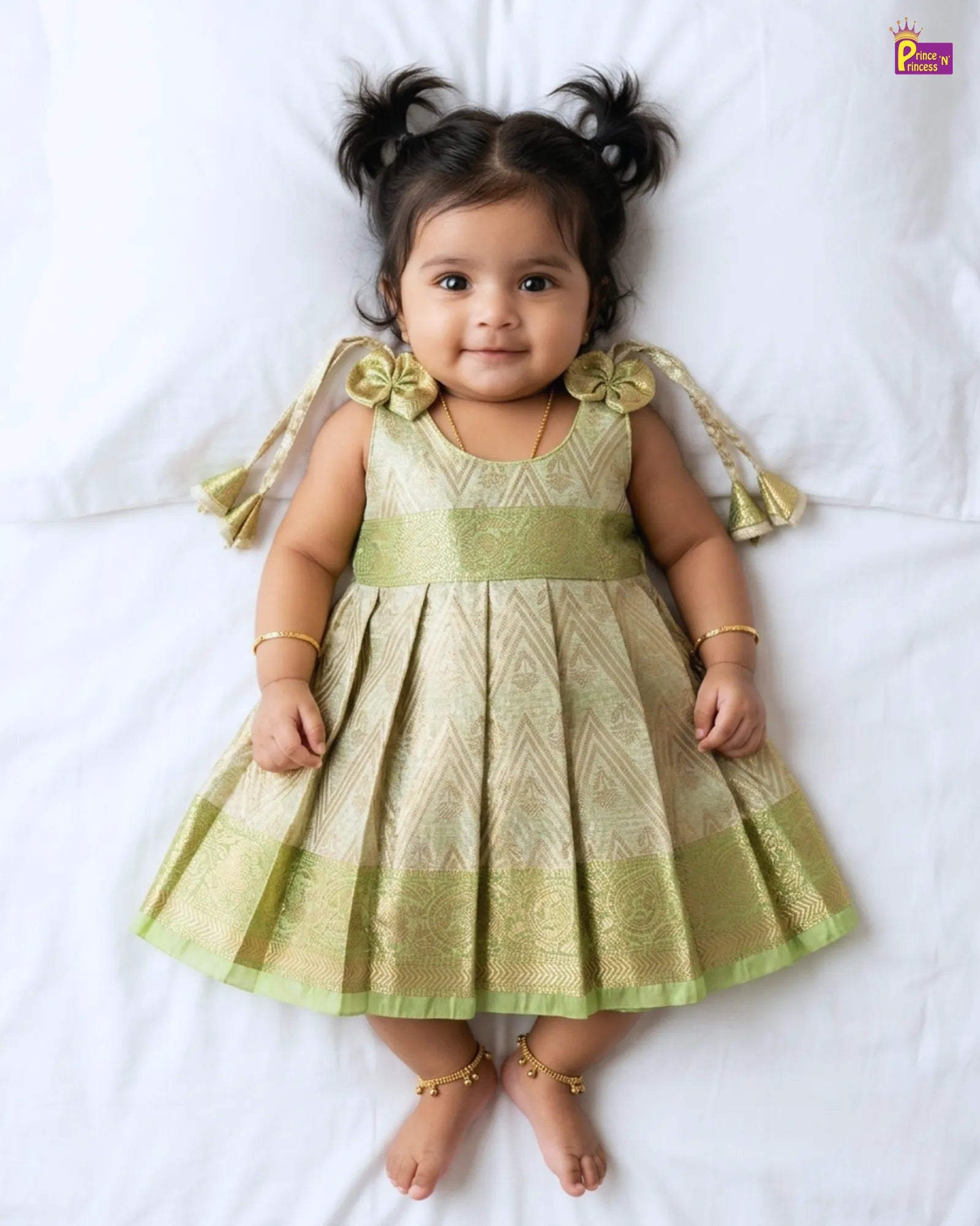 Newborn Baby Girl Pastel Green Gold Zari Silk Pattu Frock – Dress For Naming Ceremony LF1971