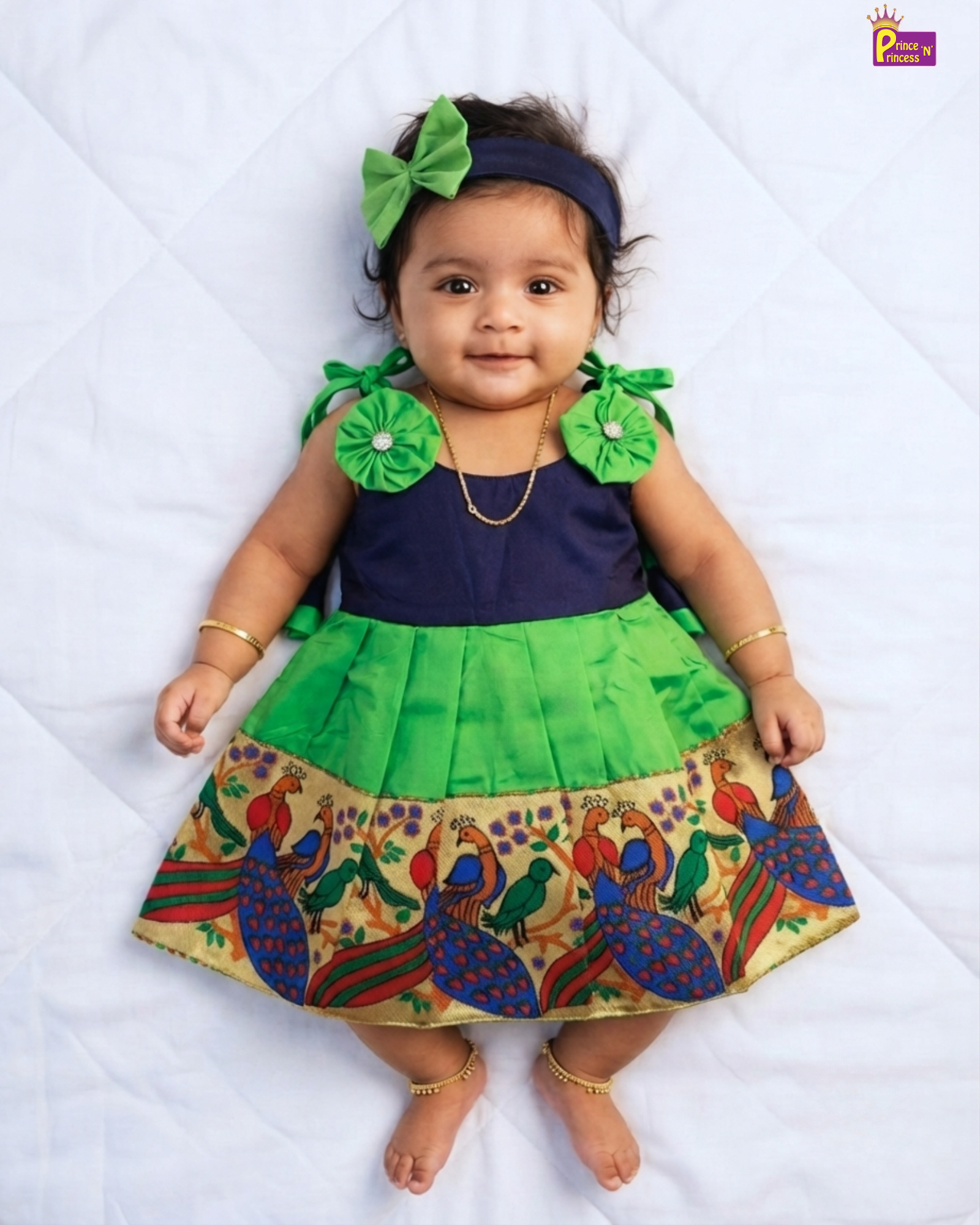 Newborn Navy Blue Green Raw Silk Pattu Frock With Hairband – Prince N Princess