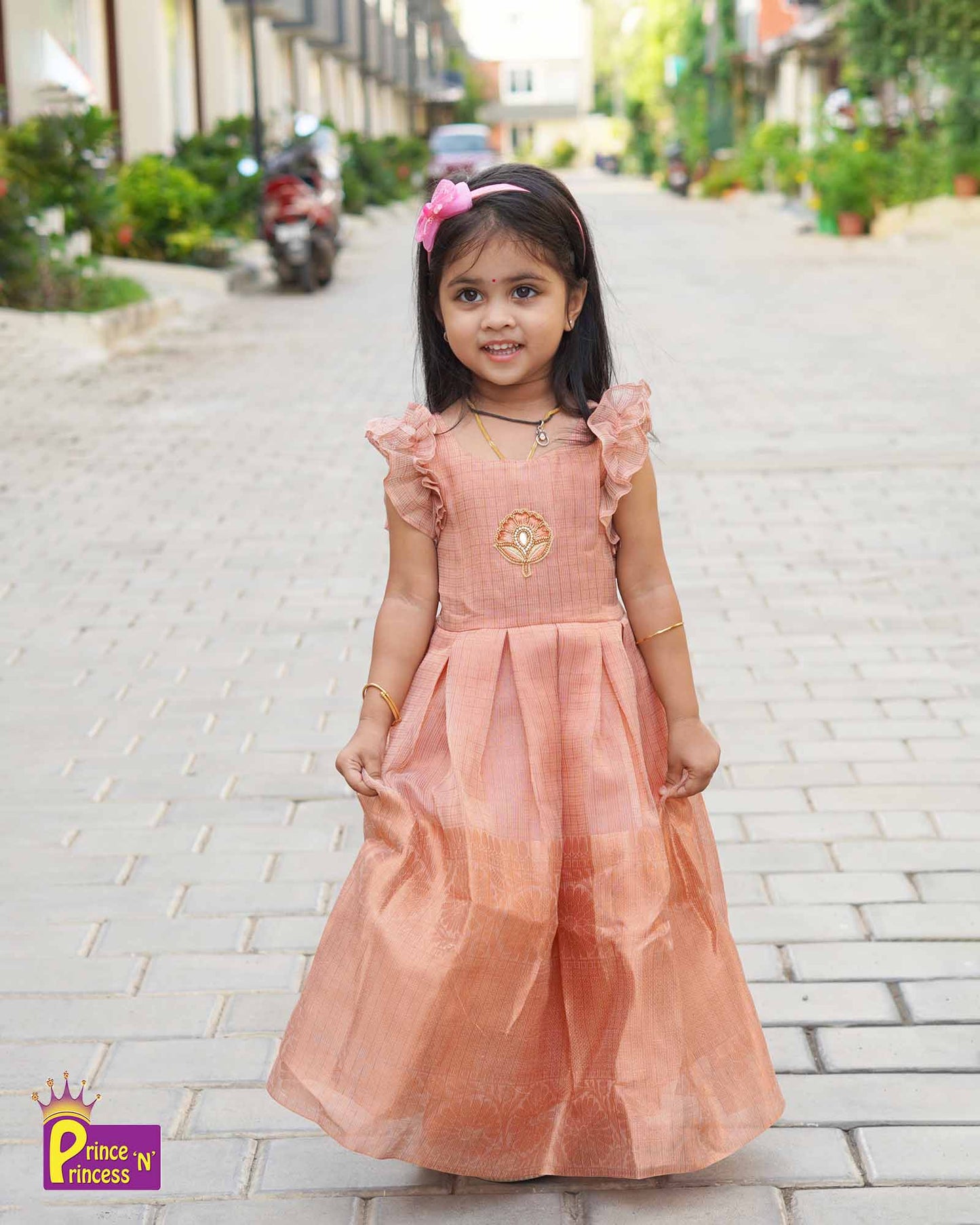 Traditional Rose gold Aari work Long gown PG465