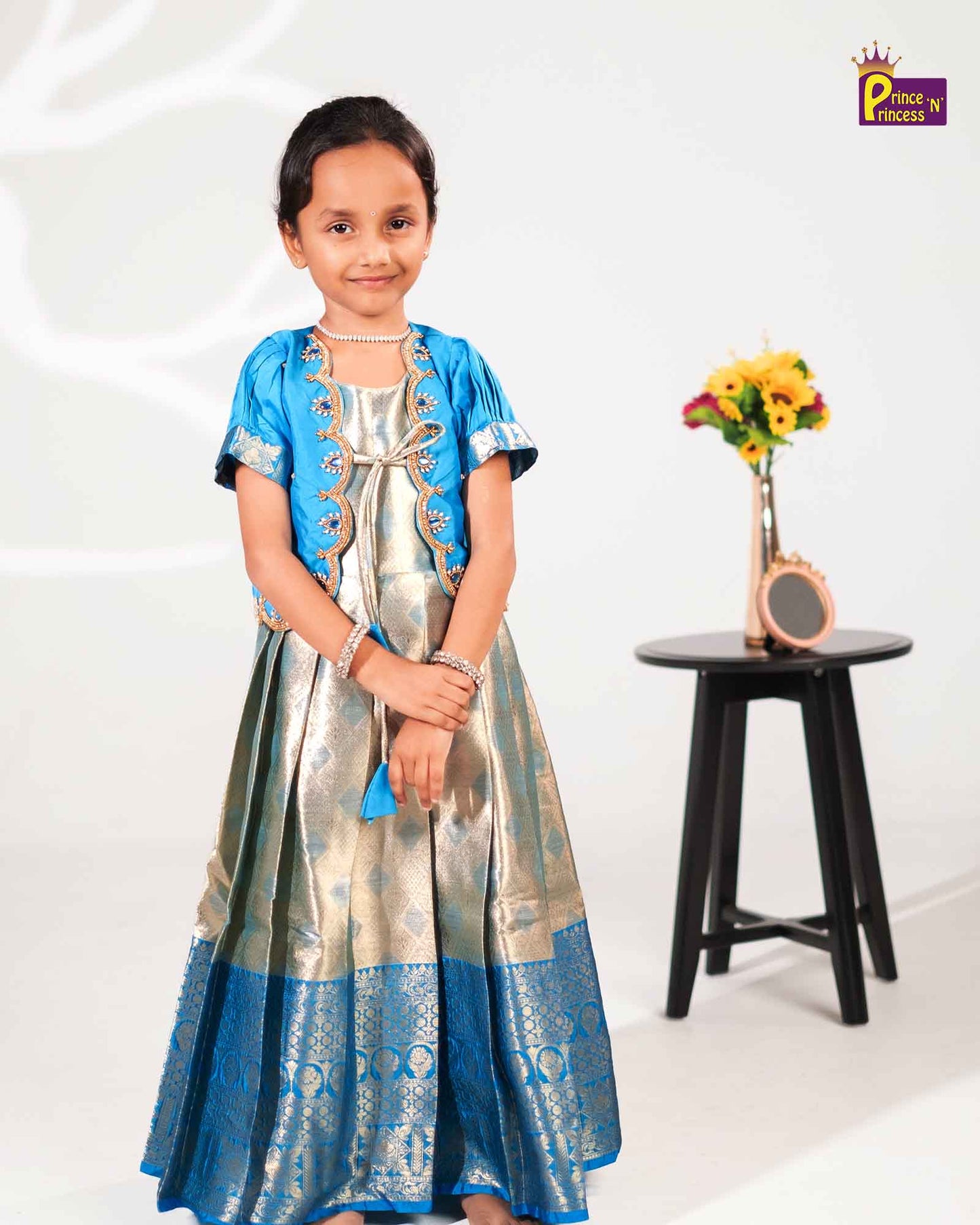 Kids Traditional Sky Blue Aari Coat Type Long gown PG475