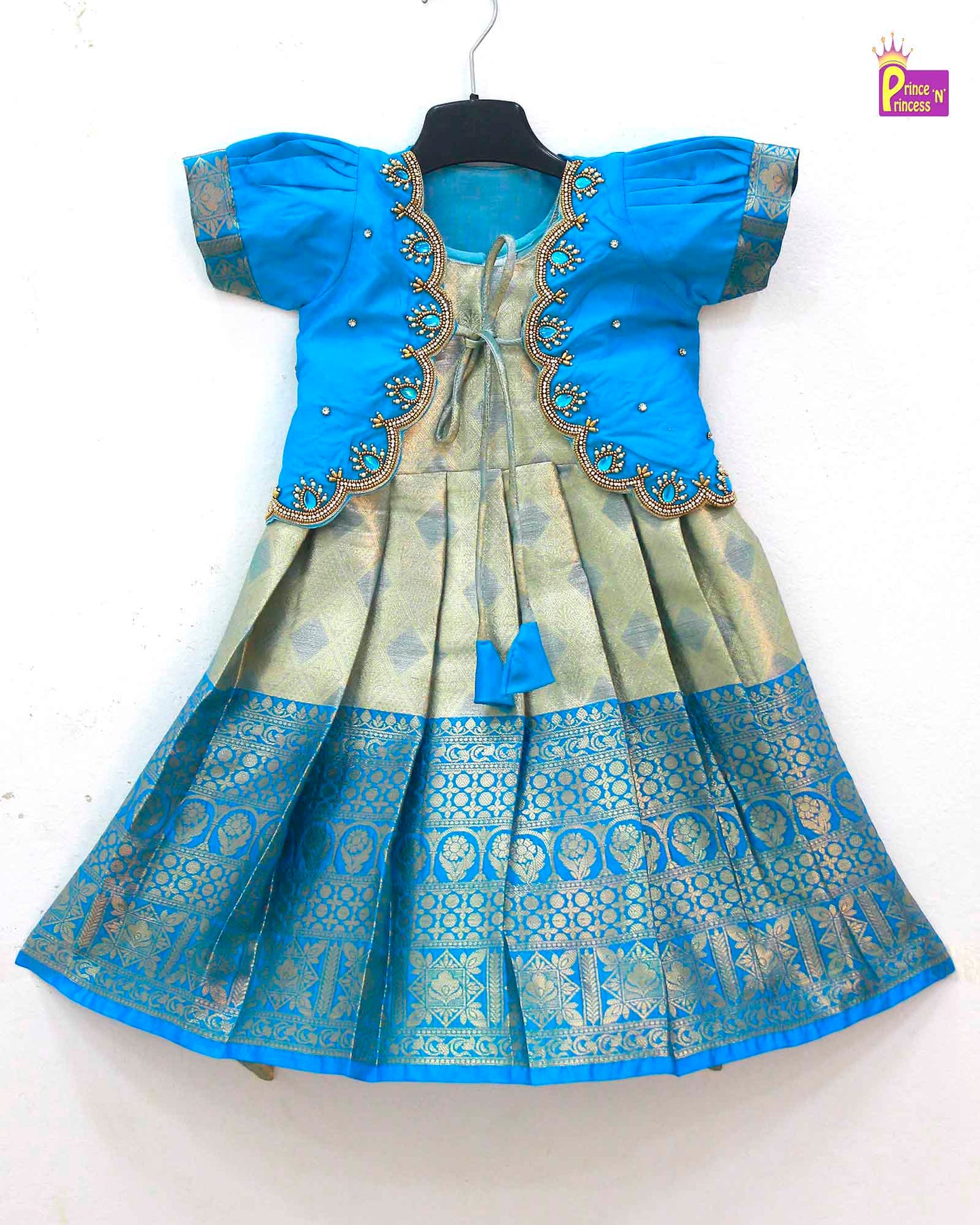 Kids Traditional Sky Blue Aari Coat Type Long gown PG475
