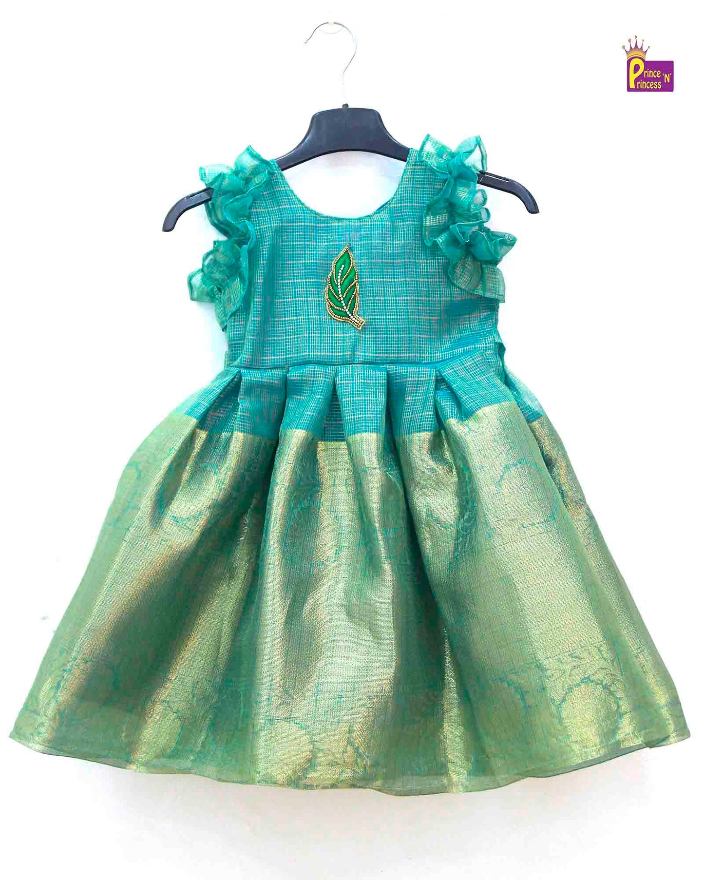 Kids Traditional Golden Jari With Rama Green Long Gown PG478