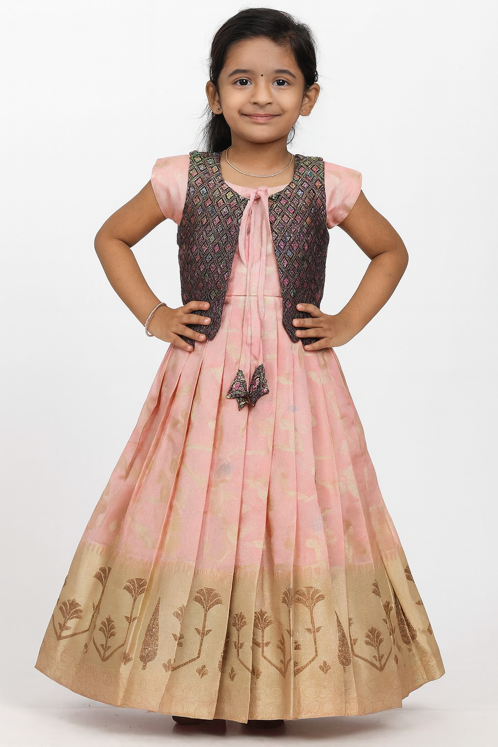 Kids Traditional Peach with Blue Coat Gown PG503