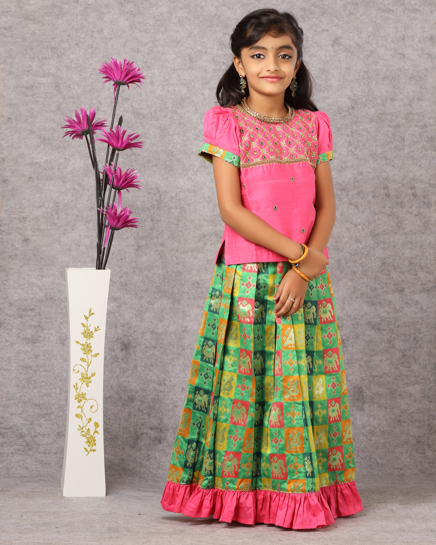 Kids Pink Green Multi Colour Heavy AARI Work Traditional Pattu Pavadai PPP1013