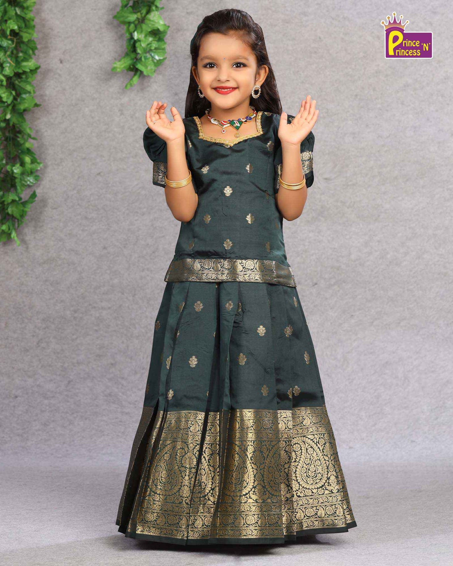 Kids Dark Green Big Border Traditional Pattu Pavadai PPP1103