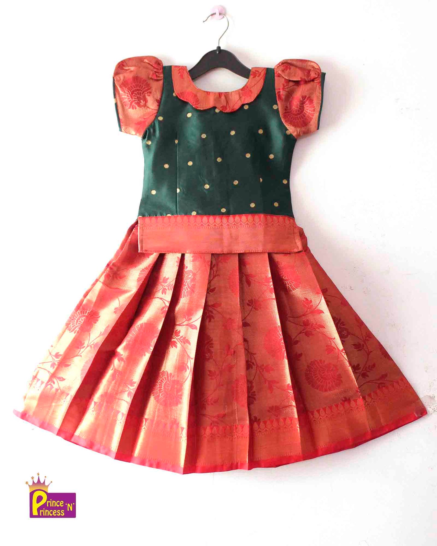 Kids Green With Red Traditional Pattupavadai PPP1422