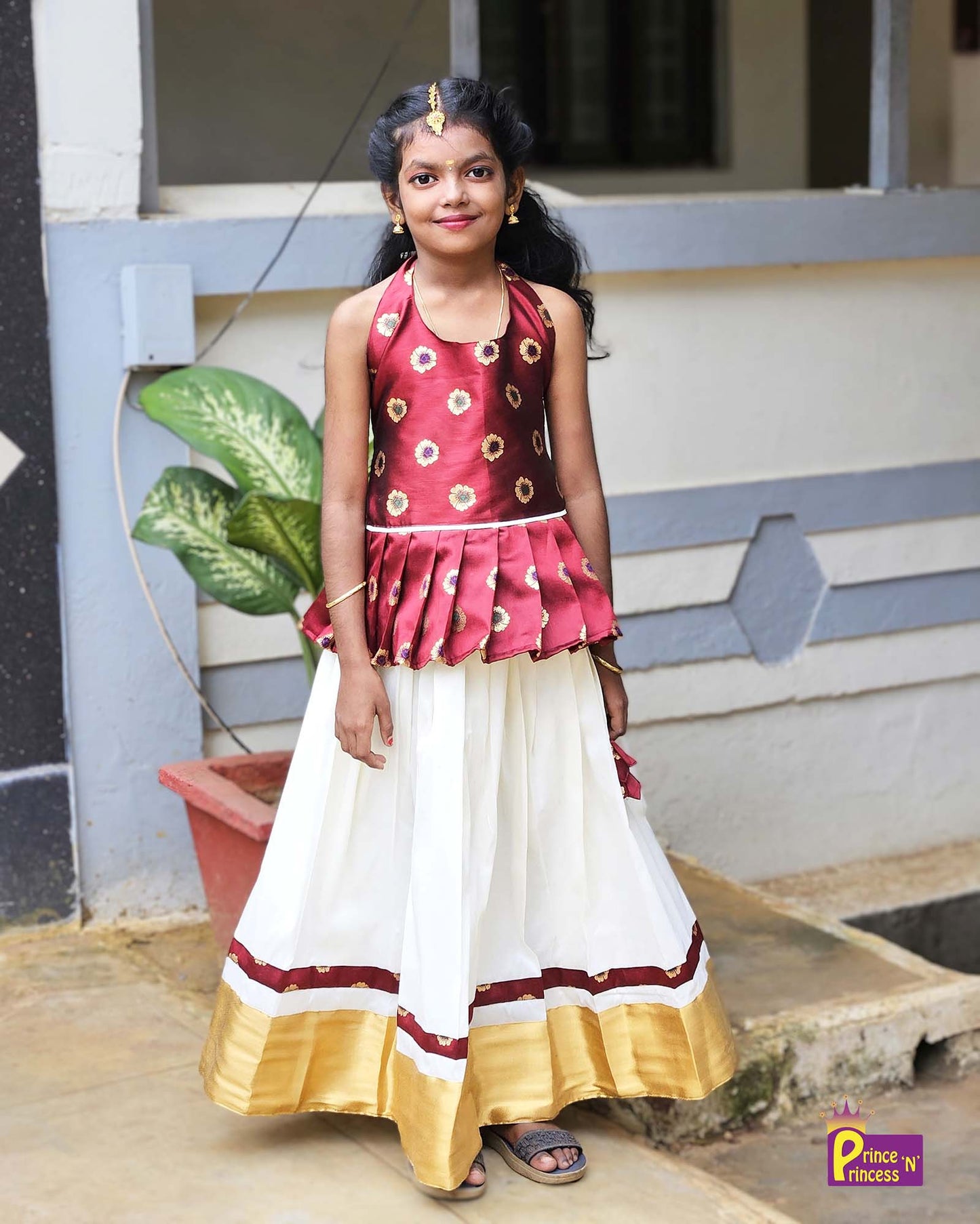 Kids Maroon with Offwhite Traditional Pattupavadai PPP1548