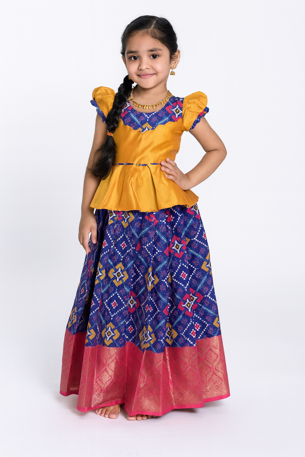 Kids Yellow With Navy Blue Traditional Pattupavadai PPP1592