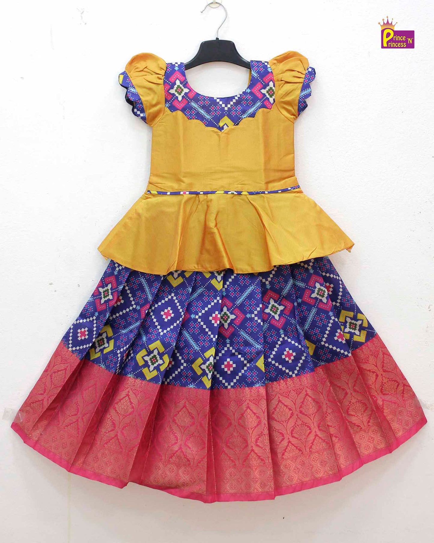 Kids Yellow With Navy Blue Traditional Pattupavadai PPP1592