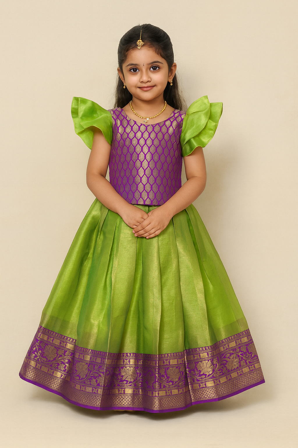 Kids Purple With Green Traditional Pattupavadai PPP1615