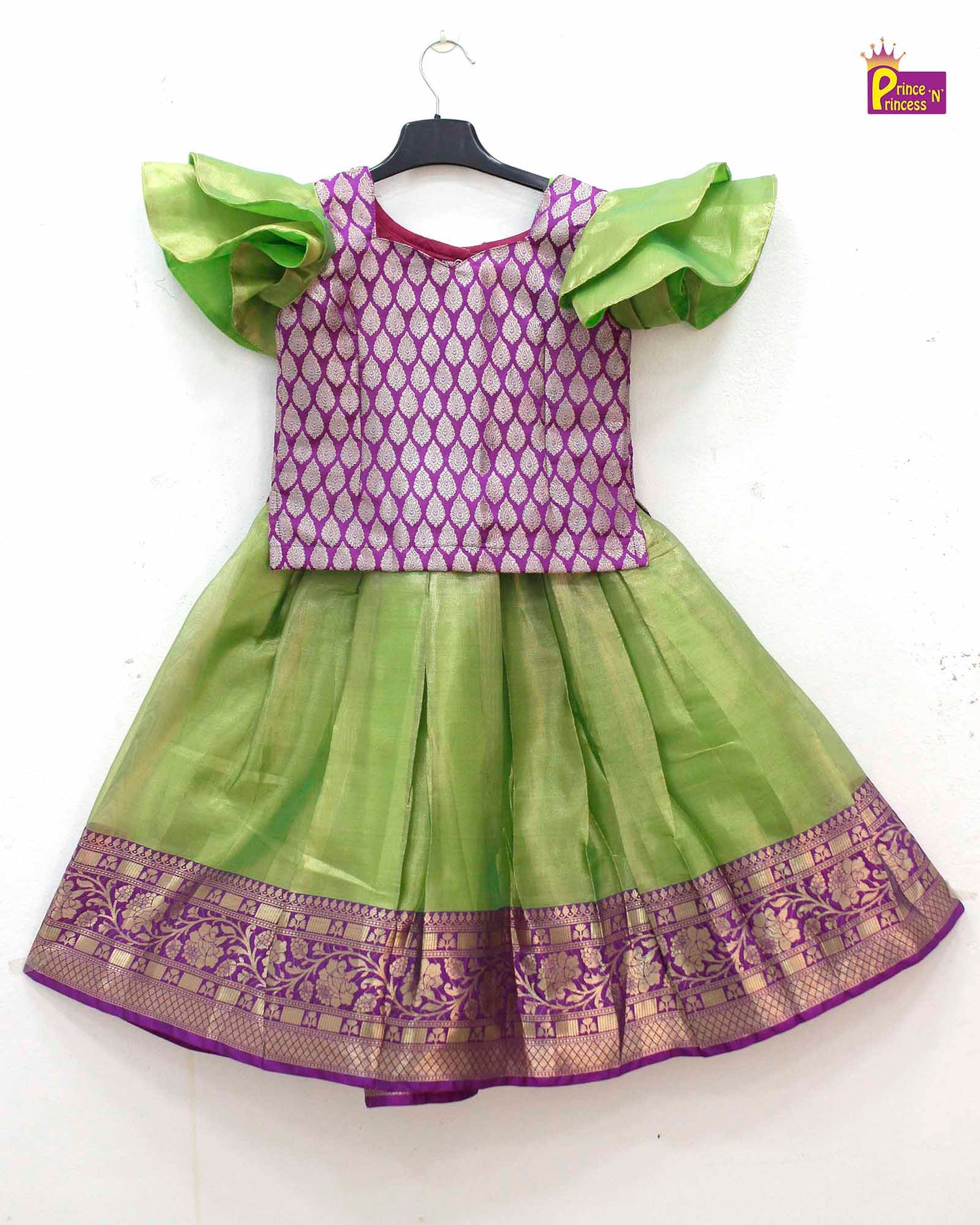Kids Purple With Green Traditional Pattupavadai PPP1615