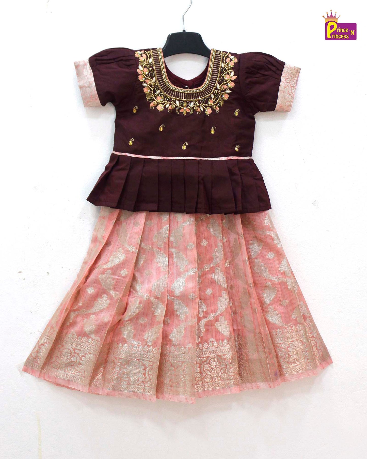 Kids Maroon and Peach Pattu Pavadai PPP1618