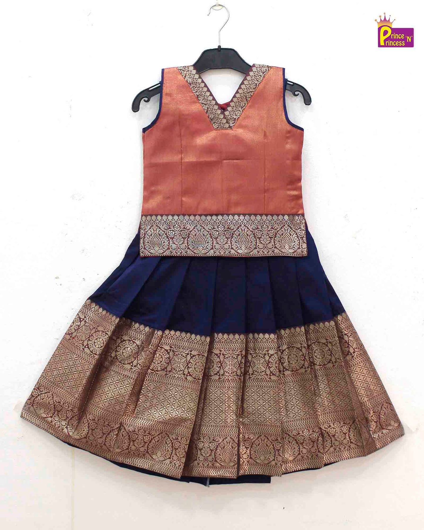 Kids Dark Peach with Navy BlueTraditional Pattupavadai PPP1720
