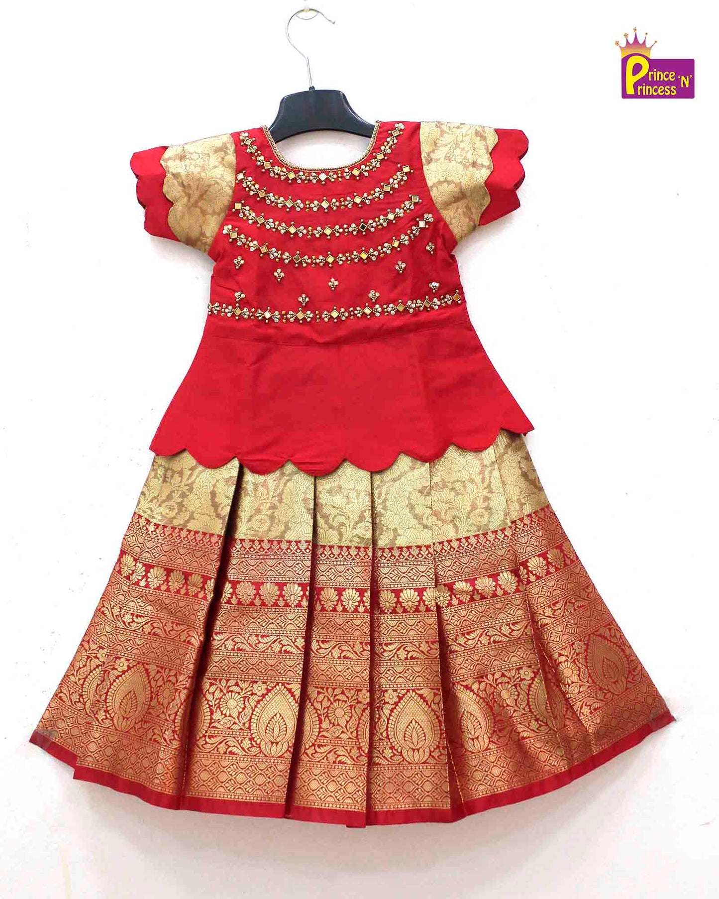 Kids red with Golden Traditional Aari Pattupavadai PPP1725