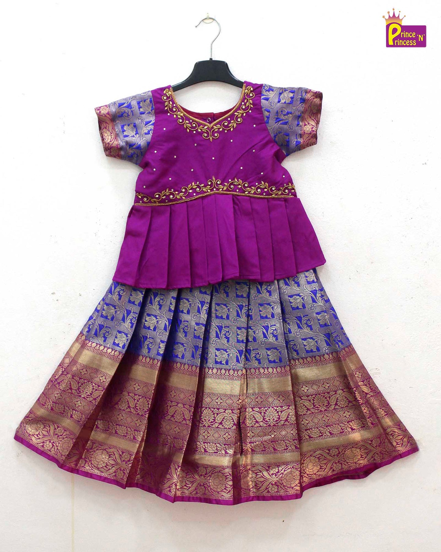 Kids Purple Blue Traditional Aari Pattupavadai PPP1801