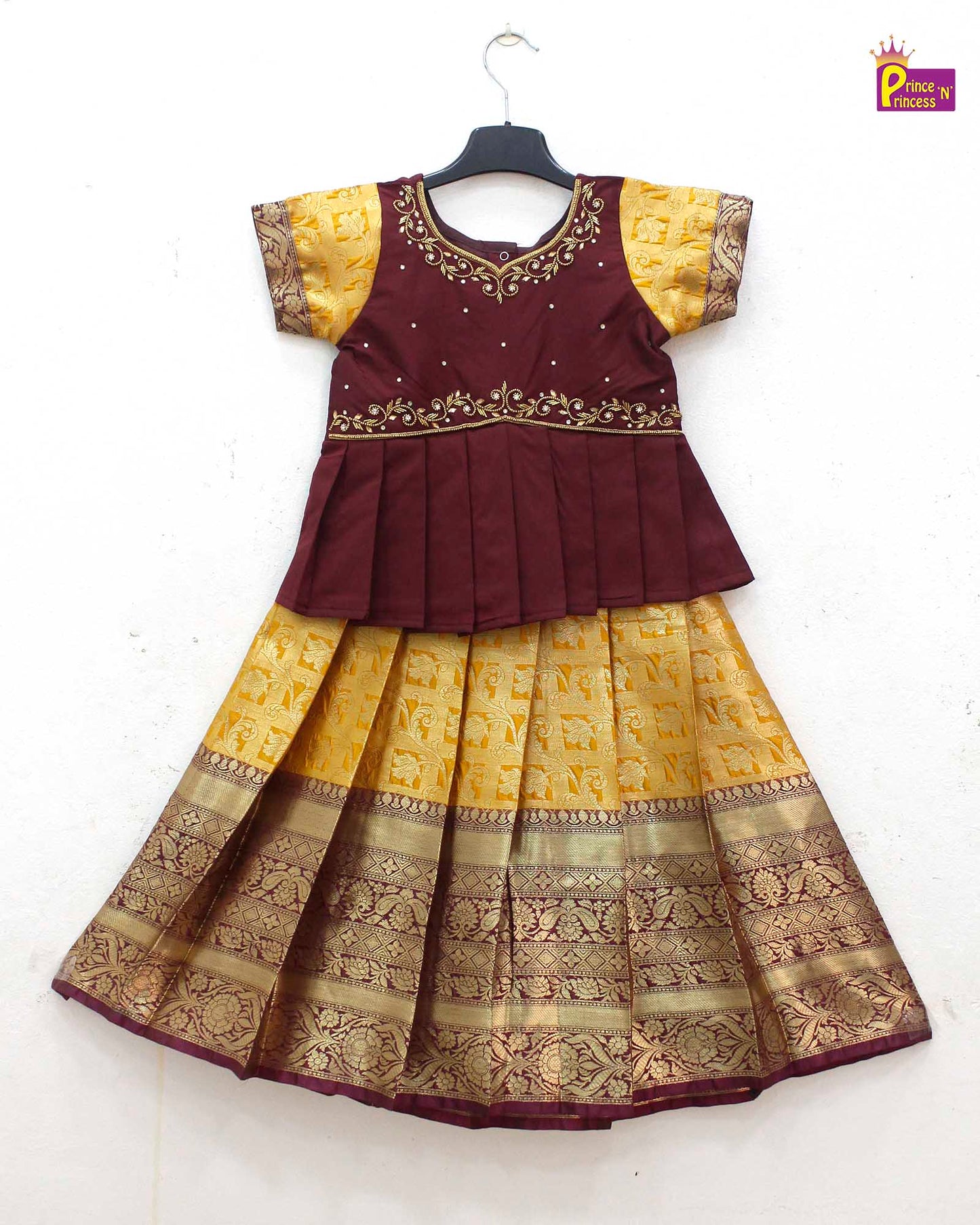 Kids Maroon Yellow Traditional Aari Pattupavadai PPP1803