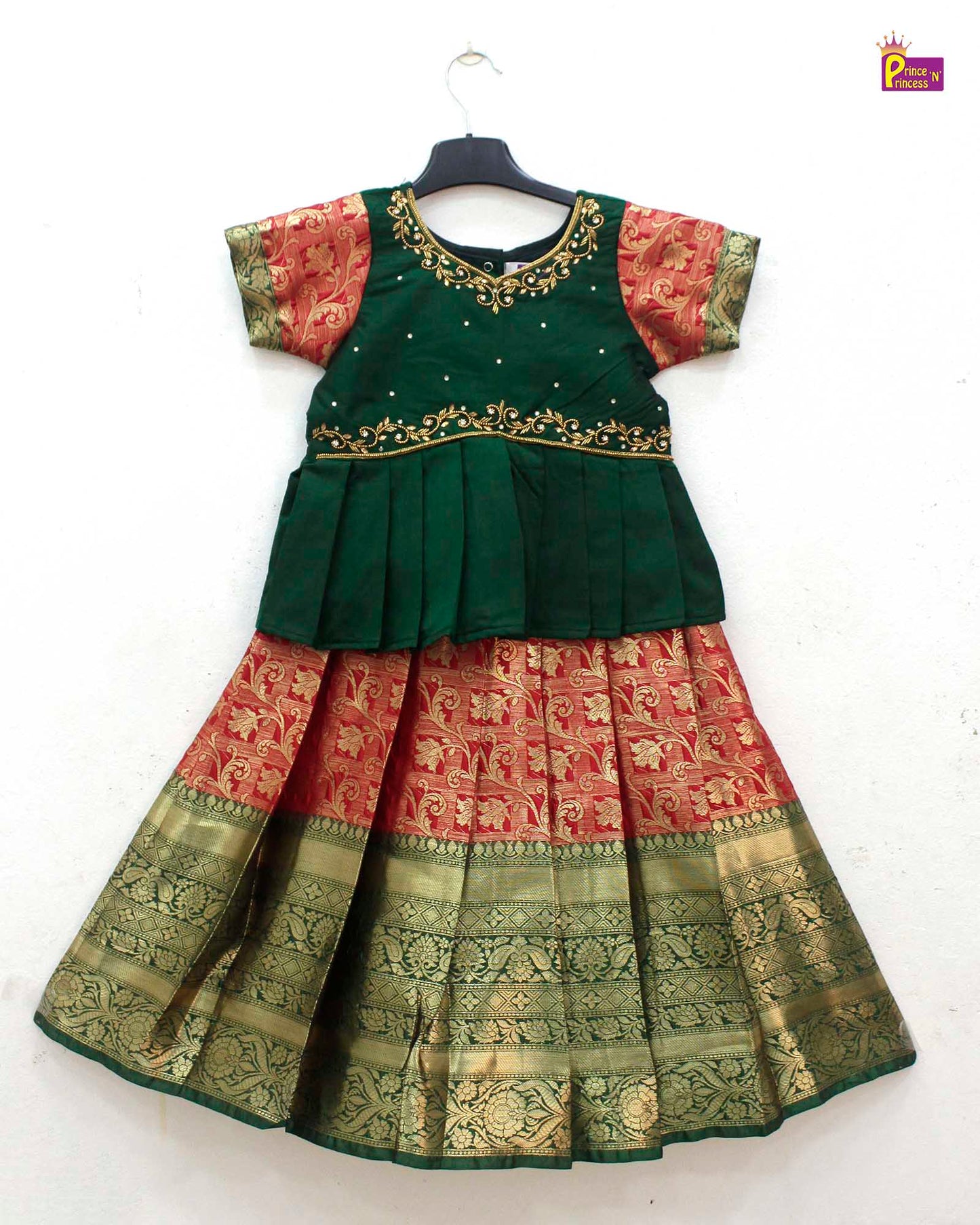 Kids Green Red Traditional Aari Pattupavadai PPP1804