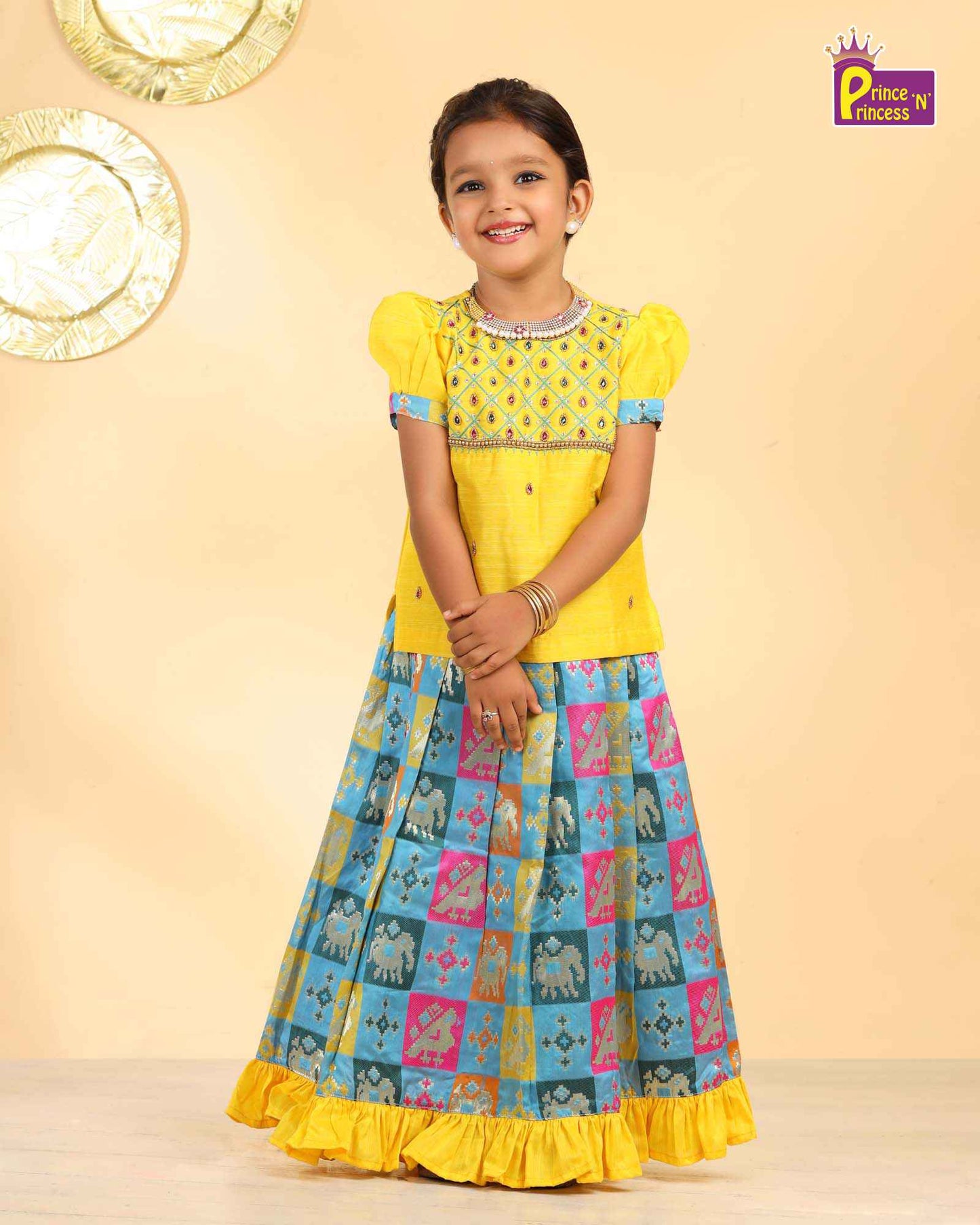 Kids Yellow Top With Blue Multi Color AARI Work Traditional Pattu Pavadai PPP935