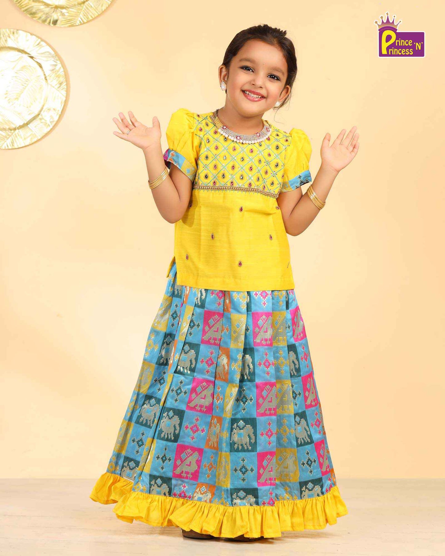Kids Yellow Top With Blue Multi Color AARI Work Traditional Pattu Pavadai PPP935