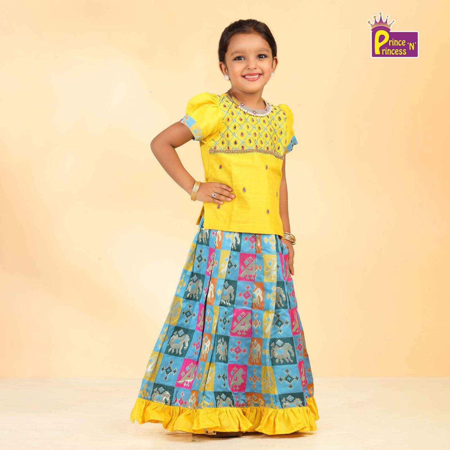 Kids Yellow Top With Blue Multi Color AARI Work Traditional Pattu Pavadai PPP935