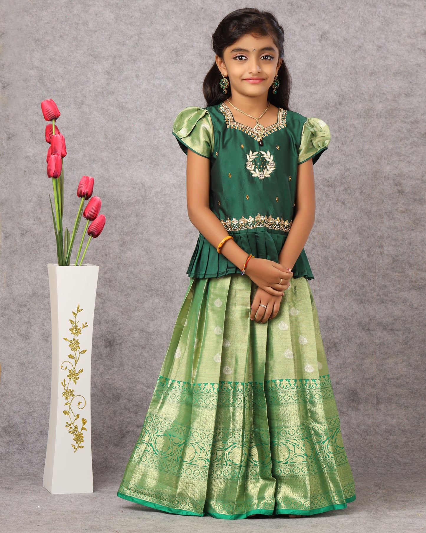 Kids Green Green Top With AARI Work Tissue Designer Pattu Pavadai PPP989