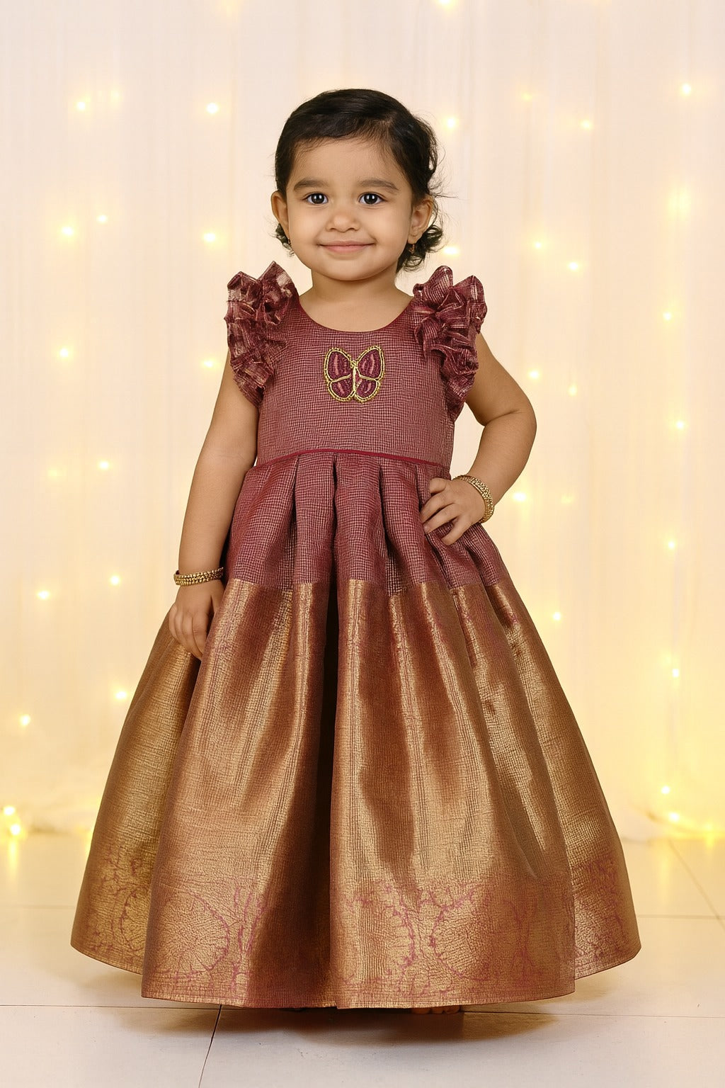Kids Traditional Golden Jari With Purple Long Gown PG476
