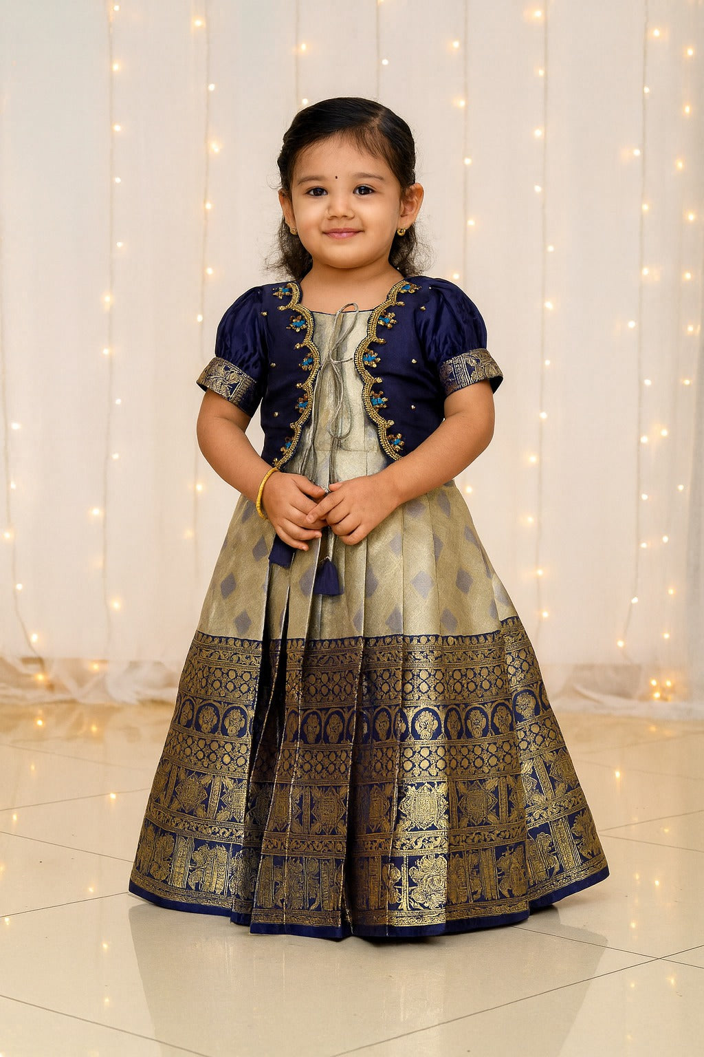Kids Traditional Dark Blue Aari Coat Type Long Gown PG480