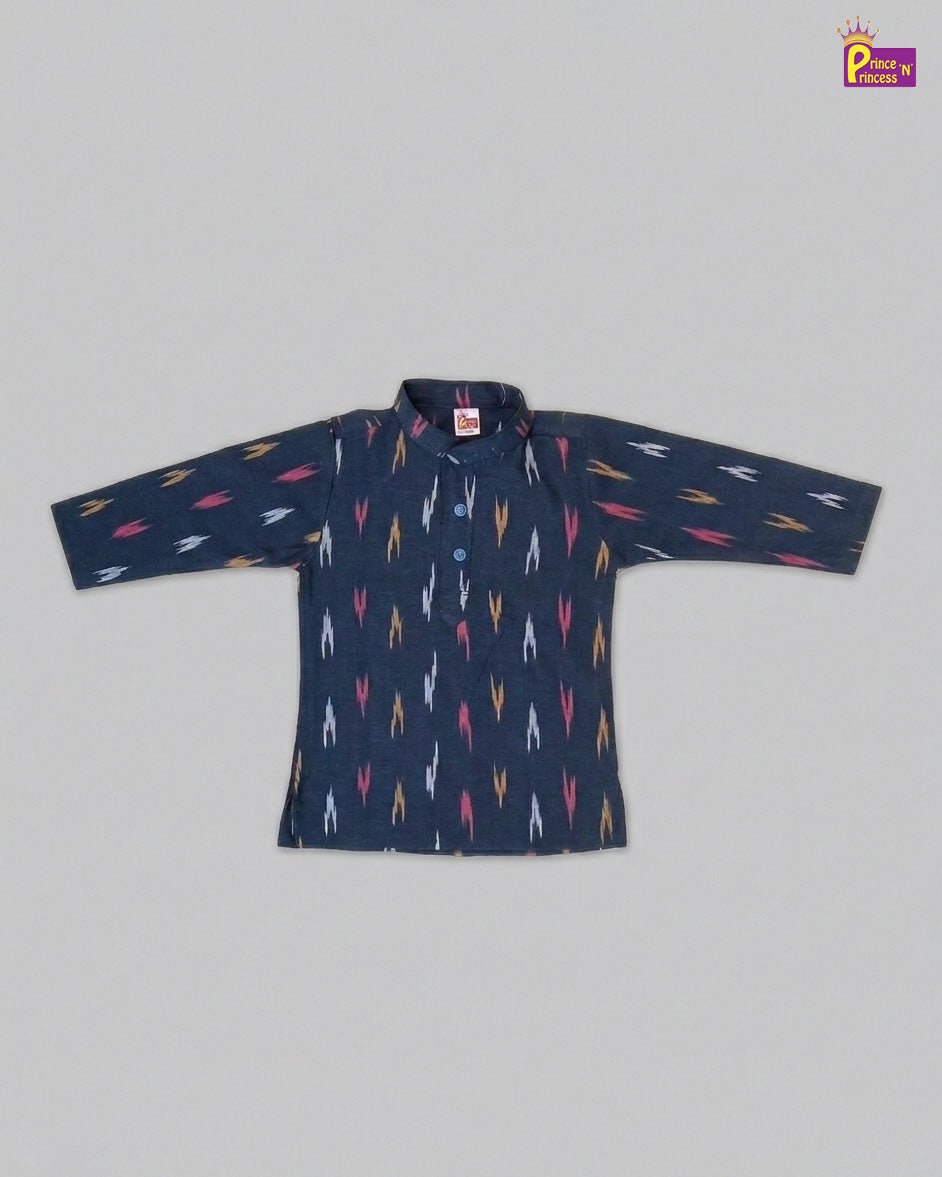 Navy blue shirt with colorful pattern on a gray background