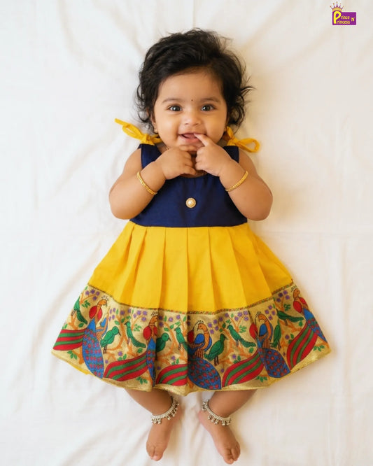 New Born Navyblue and Yellow Pattu frock LF210