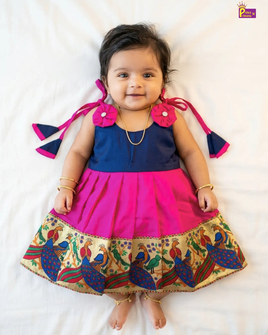 Toddlers Navy Blue Pink Raw Silk Pattu Frock LF450