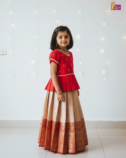 Kids Red Traditional Aari Work Pattupavadai PPP1928