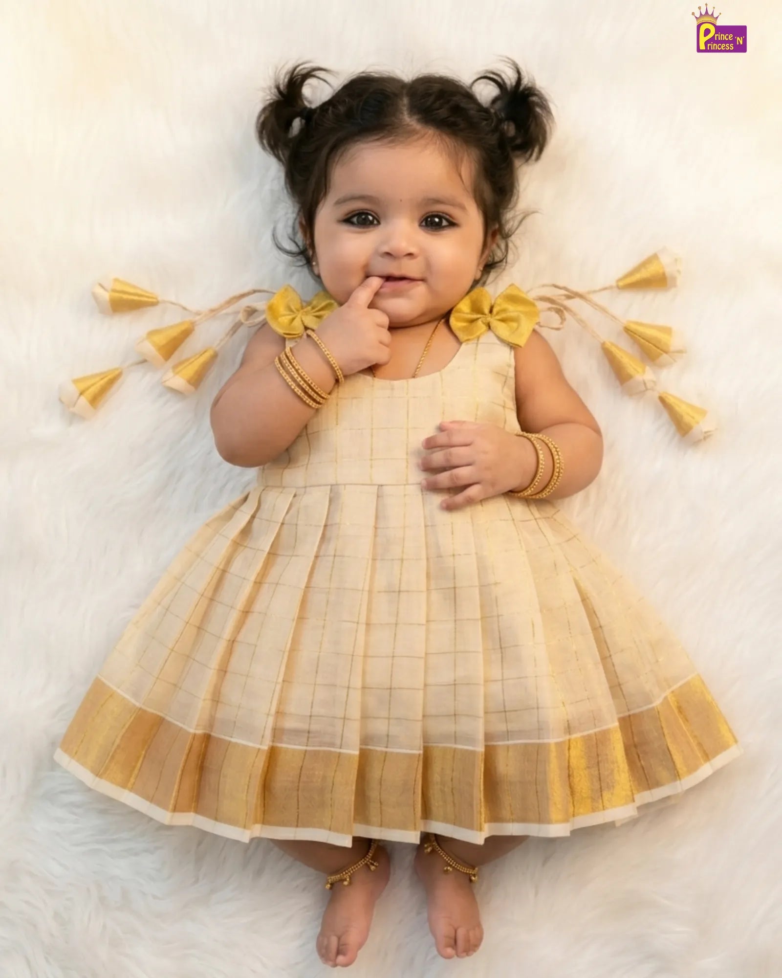 Newborn Baby Girl Onam Dress – Cream Kerala Cotton Kasavu Frock with Gold Border LF1969