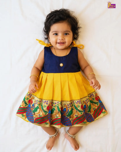 New Born Navyblue and Yellow Pattu frock LF210