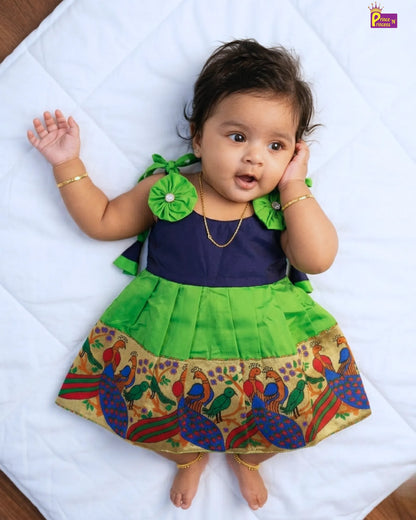 Toddlers Navy Blue Green Raw Silk Pattu Frock LF449