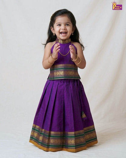 Child wearing a traditional purple dress with gold and green accents on a white background