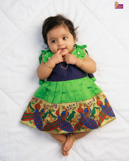 Toddlers Navy Blue Green Raw Silk Pattu Frock LF449