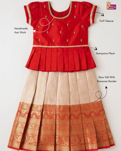 Kids Red Traditional Aari Work Pattupavadai PPP1928