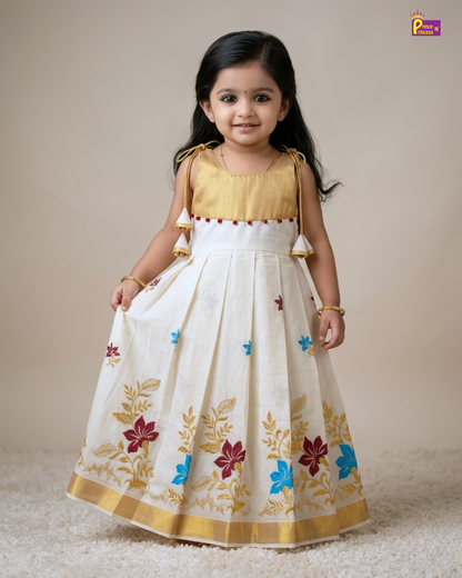 Girls Kerala Kasavu with Golden Traditional Long Gown - Colorful Flower Embordiary PG702