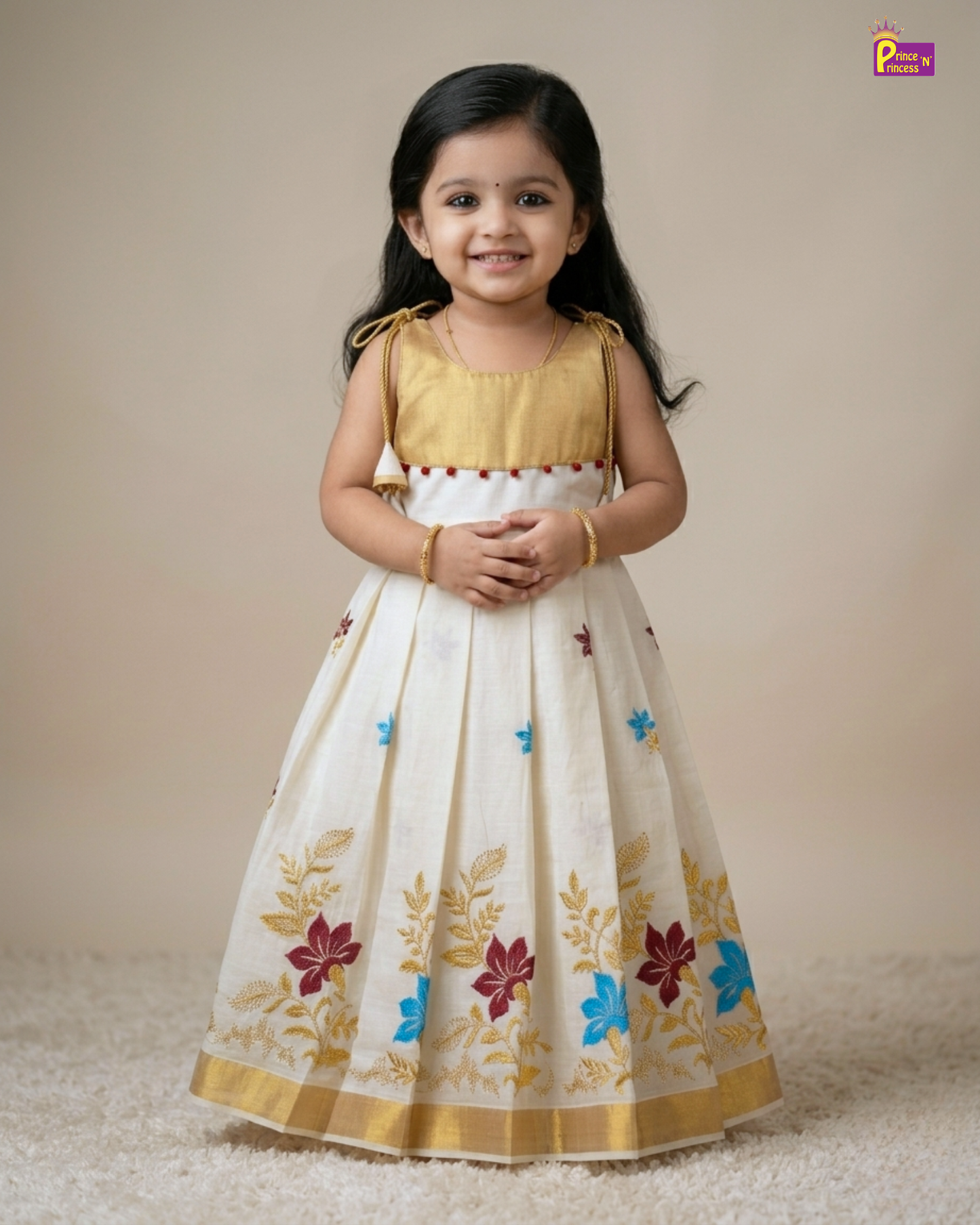 Girls Kerala Kasavu with Golden Traditional Long Gown - Colorful Flower Embordiary PG702