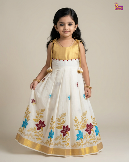 Girls Kerala Kasavu with Golden Traditional Long Gown - Colorful Flower Embordiary PG702