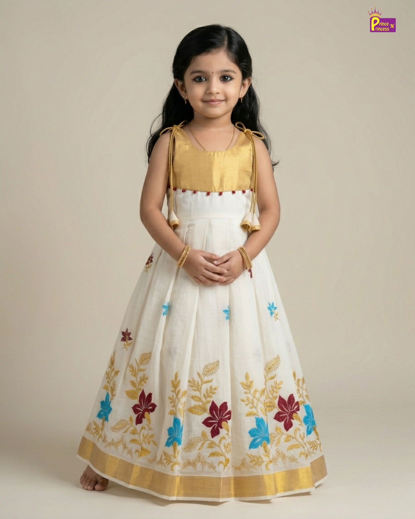 Girls Kerala Kasavu with Golden Traditional Long Gown - Colorful Flower Embordiary PG702