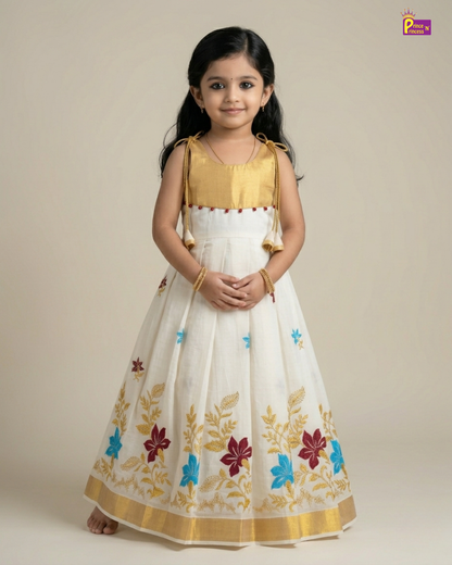 Girls Kerala Kasavu with Golden Traditional Long Gown - Colorful Flower Embordiary PG702