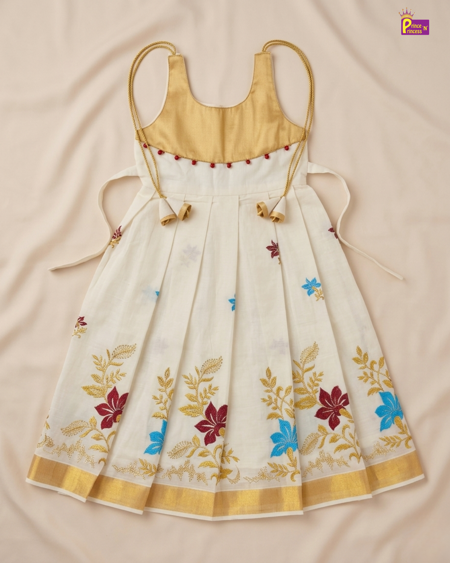 Girls Kerala Kasavu with Golden Traditional Long Gown - Colorful Flower Embordiary PG702